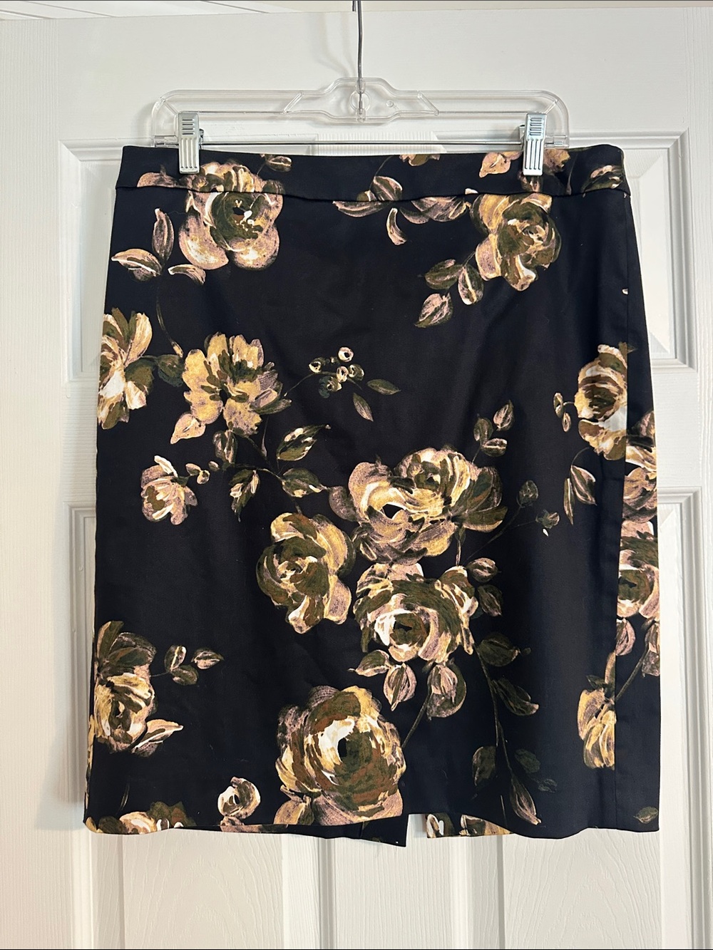J. Crew Black Floral Pencil Skirt with Olive and Cream Blooms